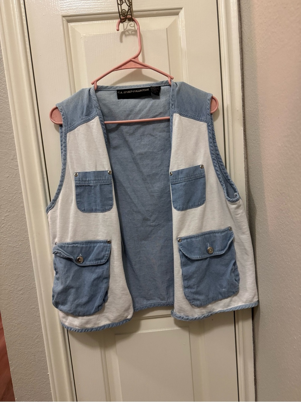 Vintage Light Blue Denim & White Zip-Up Pocket Vest